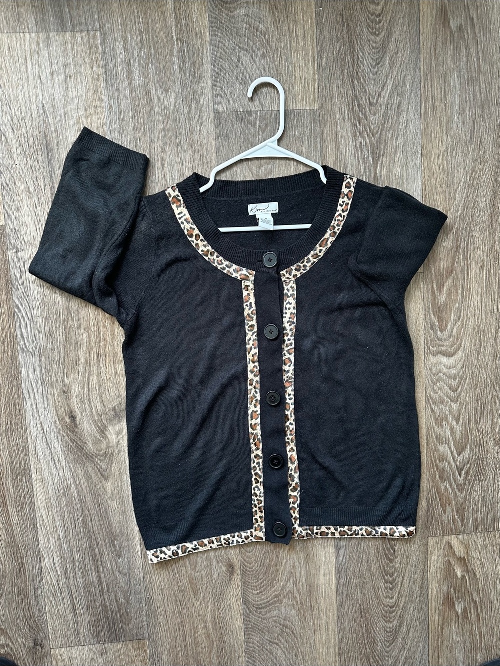 Kim Rogers Leopard Trim Cardigan Black Knit Button Front Sweater Women’s Size M